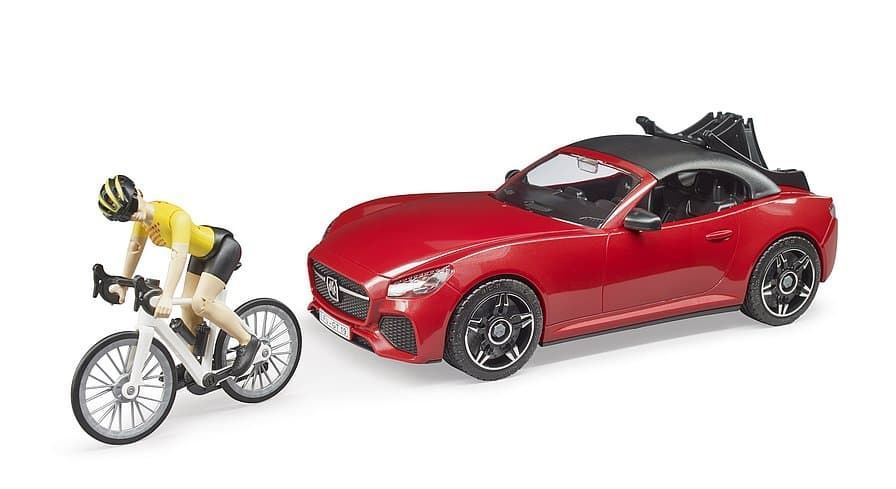 Coche Roadster Rojo Con Ciclista 1:16 BRUDER 03485 DESC. - Imagen 1