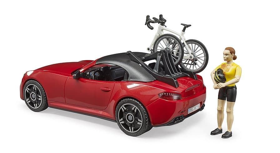 Coche Roadster Rojo Con Ciclista 1:16 BRUDER 03485 DESC. - Imagen 4