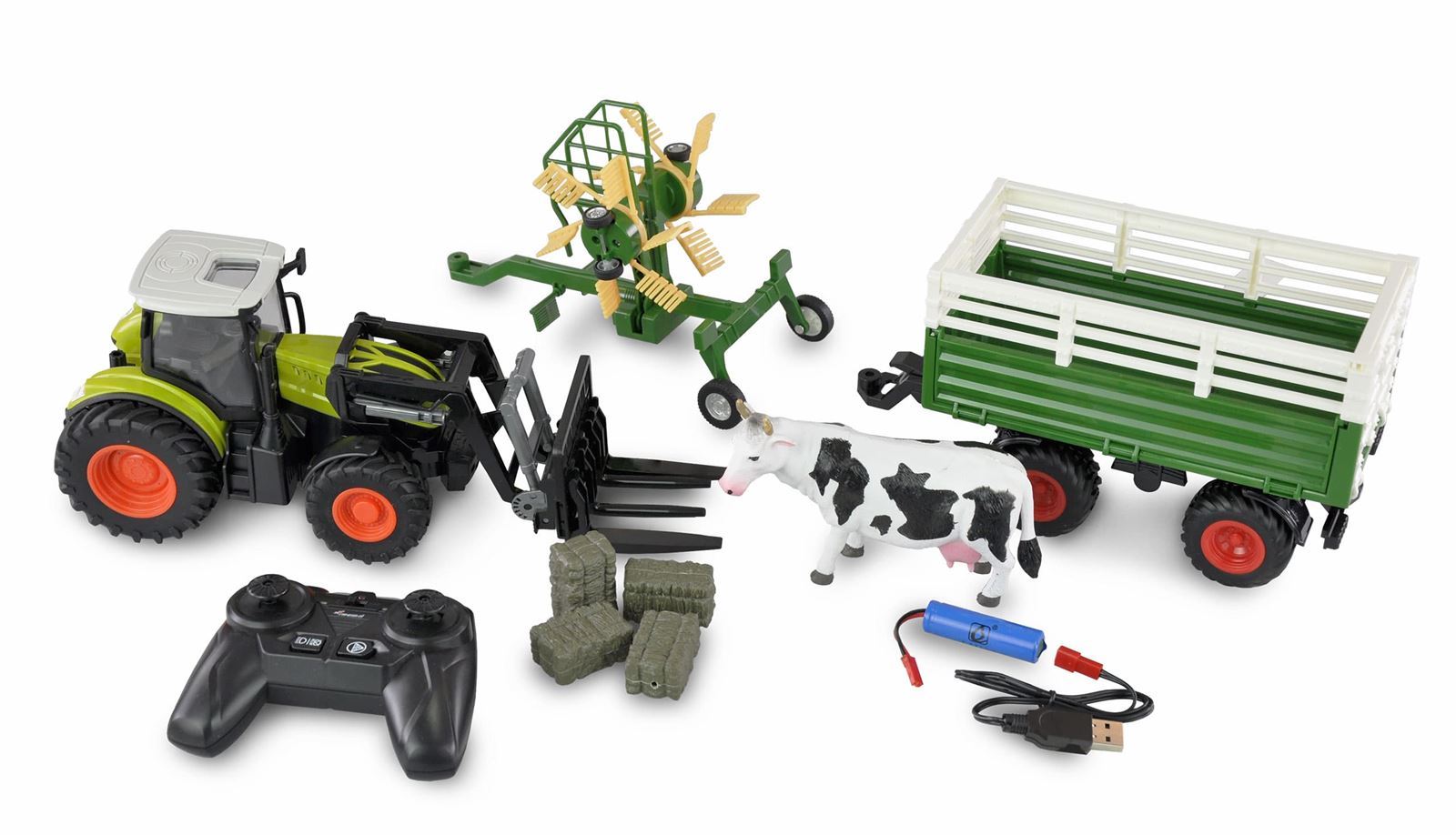 Tractor radiocontrol con remolque, rastrillo, horquilla, vaca y fardos de heno 1:24 RTR verde - Imagen 2